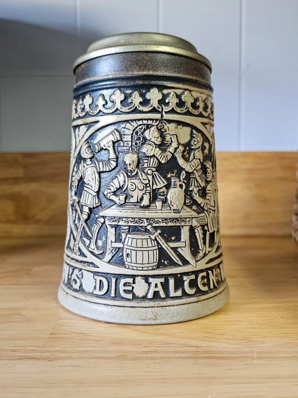 Vtg Gerz German Salt Glaze Stoneware Lidded Beer Stein Knighthood Pewter Lid